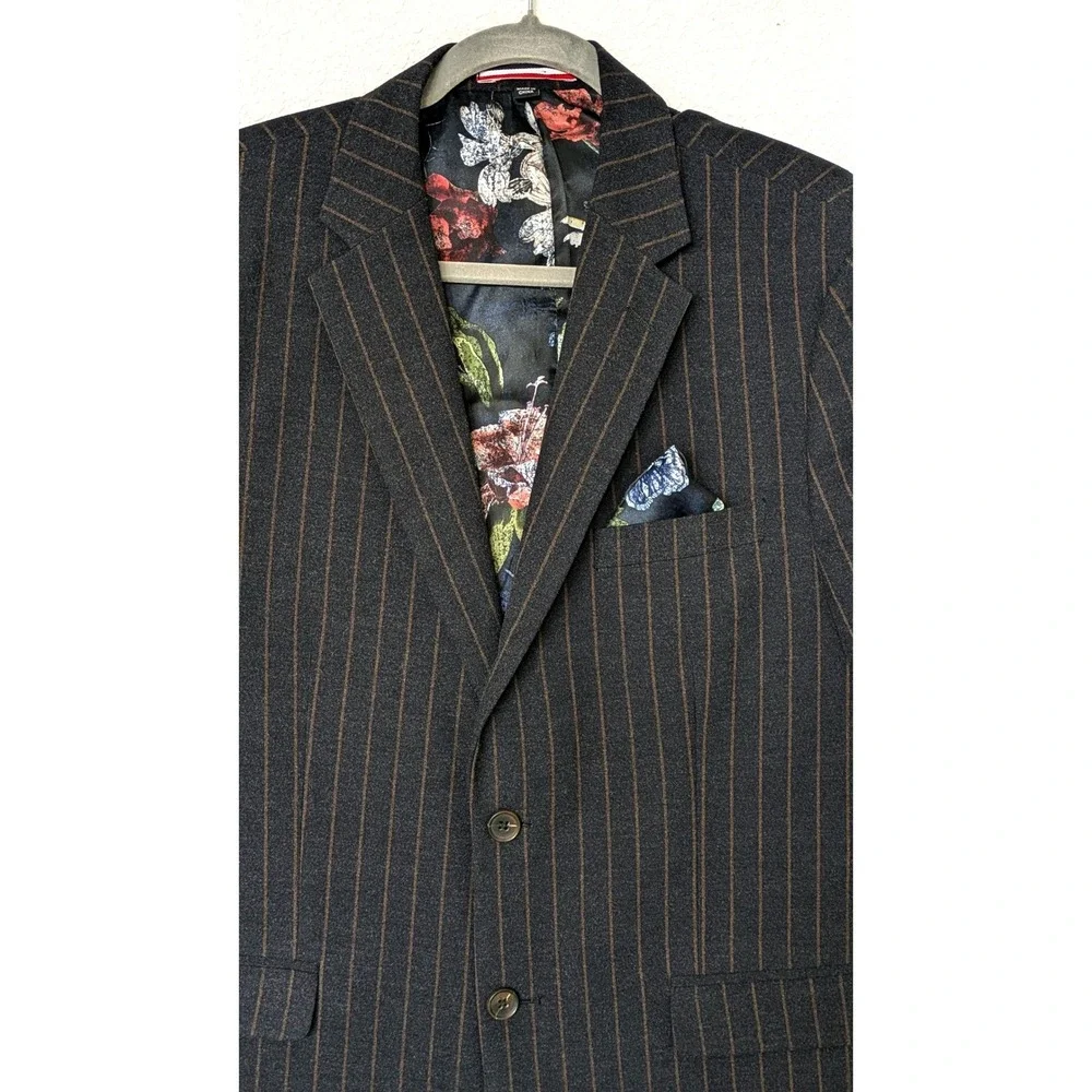Soul of London Pinstripe Blazer Mens 44R Charcoal Grey Floral‎ Lining Two Button